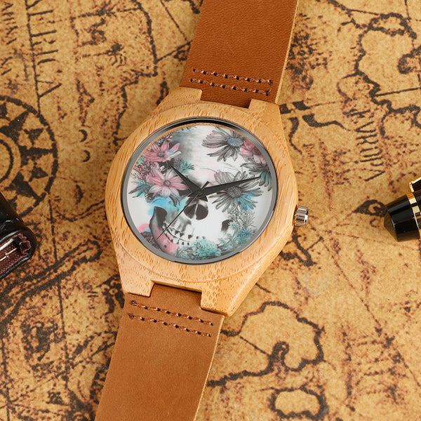 Floral Skull Dial Display Wooden Analog Watch